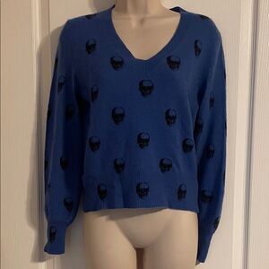 Skull Cashmere Jamie Jack Blue V-Neck Sweater Skull Design XS‎ Cozy Soft Goth